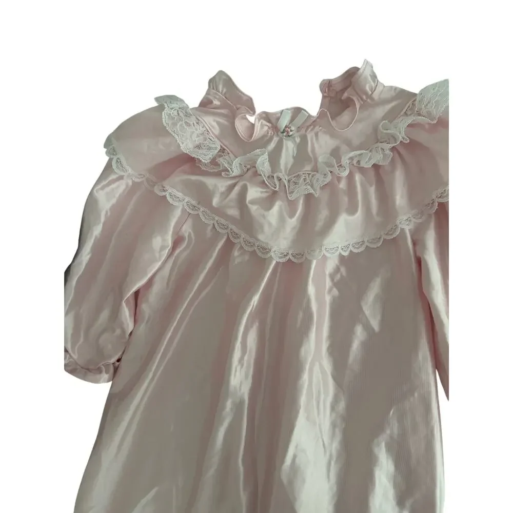 Vintage Allison Ann Girls Size 4 Pink Satin Nightgown Lace Ruffle Made USA